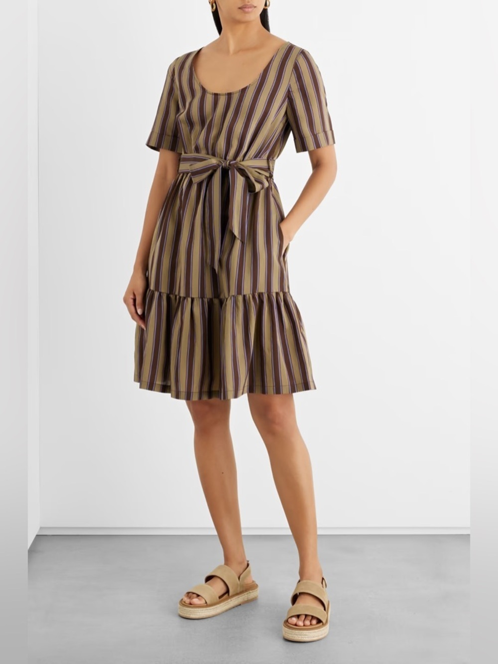 NWT Iris + Ink Erin Belted Striped Lyocell blend Dress Chocolate Brown UK 10